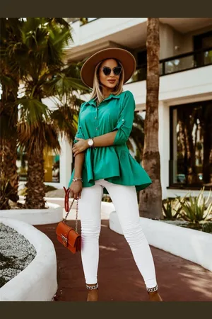 DressBerry Green Shirt Collar Roll-Up Sleeves Peplum Top