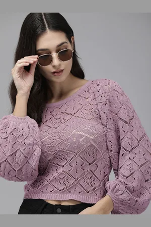 Roadster The Life Co. Pink Light Green Geometric Pattern Pure Cotton Open-Knitted Top