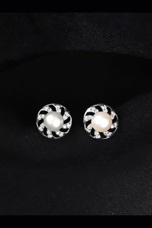 CLARA Sterling Silver Rhodium-Plated Contemporary Oxidised Pearls Studded Earrings