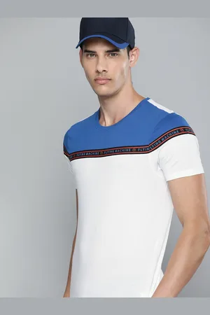 Flying Machine Men White & Blue Colourblocked Pure Cotton T-shirt