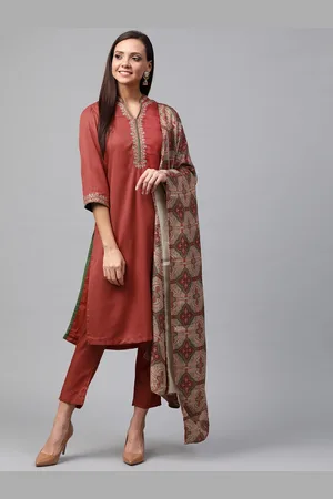 Biba Women Rust Red & Green Embroidered Solid Kurta with Cropped Trousers & Dupatta