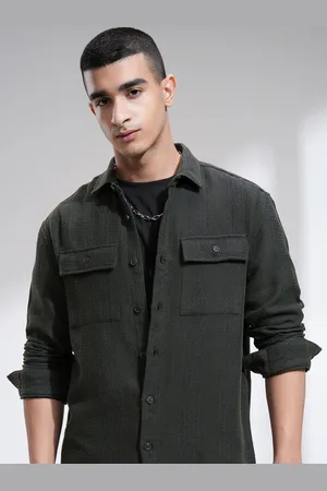 Highlander Men Dobby Textured Chinelle Yarn Striped Relaxed Overshirt