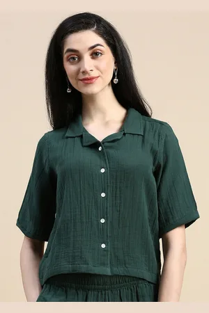 De Moza Women Grid Tattersall Checked Spread Collar Short Sleeves Cotton Casual Shirt