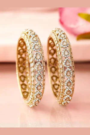 Rubans Set of 2 18K Mehandi Gold-Plated Kundan & Cubic Zirconia Studded Designer Bangles