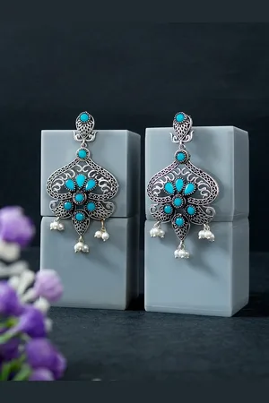 Golden Peacock Silver-Toned & Turquoise Blue Handcrafted Paisley Shaped Drop Earrings