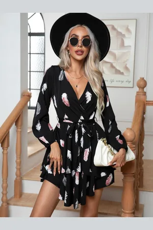 DressBerry V Neck Long Puff Sleeves Floral Print Mini Wrap Dress