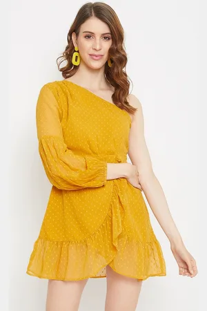 Berrylush One Shoulder Bishop Sleeve Ruffled Georgette A-Line Dress