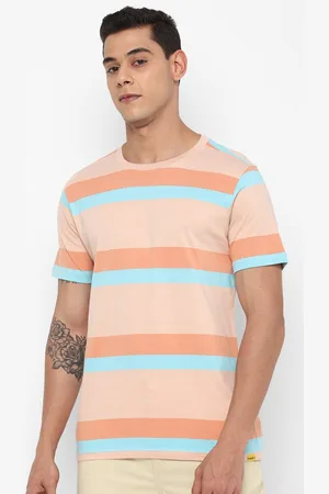 Forever 21 Men Peach-Coloured & Blue Striped Pure Cotton T-shirt