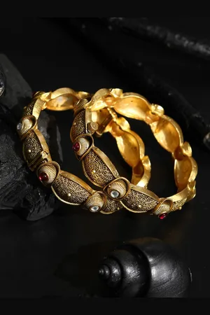 Priyaasi Set Of 2 Gold-Plated White & Red Stone-Studded Handcrafted Bangles