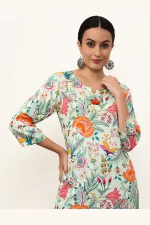 Jaipur Women Floral Printed Keyhole Neck Thread Work Kurta