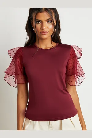 Styli Women Burgundy Flute Dobby Sleeves Fitted Top