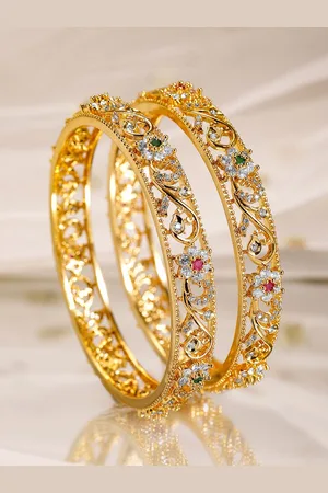 Rubans Set of 2, 22K Gold-Plated Ruby, Emerald & Cubic Zirconia Studded Bangles