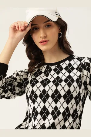 DressBerry Women Black & White Checked Monochrome Pullover
