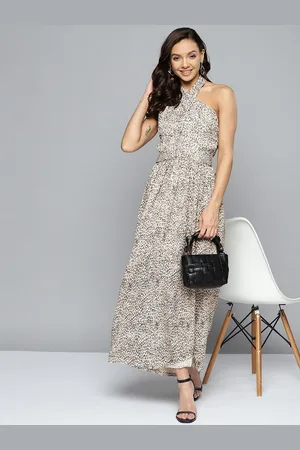 HERE&NOW Beige & Black Animal Print Tie-Up Neck A-Line Maxi Dress
