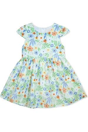 BAESD Girls Floral Print Round Neck Short Cap Sleeves Cotton Fit & Flare Dress