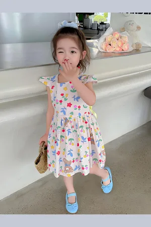 BAESD Girls Floral Printed Flutter Sleeve Cotton Flared Fit & Flare Dress
