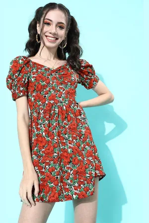 Berrylush Floral Print Puff Sleeve Fit & Flare Mini Dress