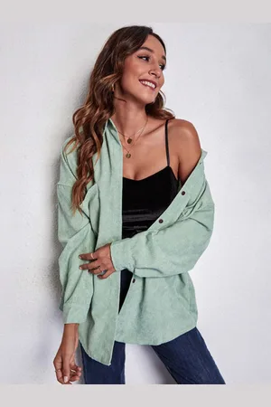 DressBerry Spread Collar Drop-Shoulder Sleeves Pocket Detailing Corduroy Oversized Shirt