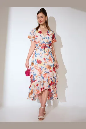 Globus Floral Wrap Neck Flared Sleeves Waist Tie-Up Ruffle Tulip Hem A-line Midi Dress