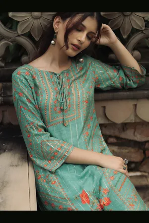 anayna Floral Printed Tie-Up Neck Straight Kurta With Trousers