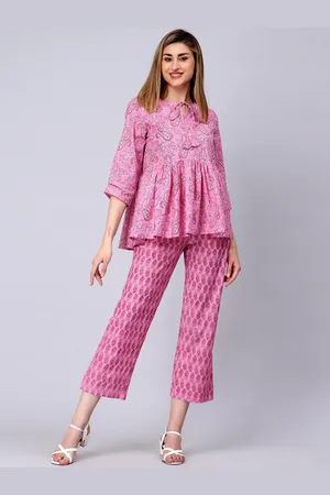 Celebravo Floral Printed Tie-Up Neck Pleated Pure Cotton Co Ords Set
