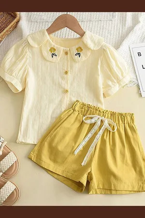 LULU & SKY Girls Self Design Peter Pan Collar Puff Sleeves Shirt With Shorts