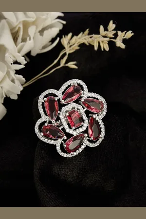 ATIBELLE Silver-Plated Cubic Zirconia-Stones Studded Floral Adjustable Finger Ring