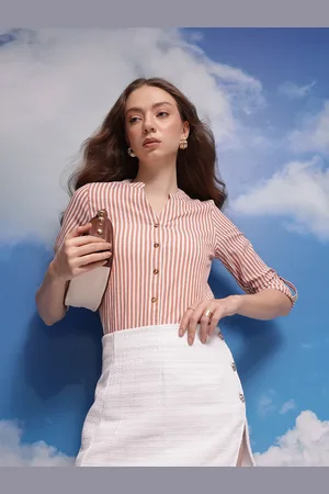 Corsica Mandarin Collar Roll-Up Sleeves Striped Casual Shirt