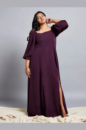 Globus Gloplus Square Neck Bishop Sleeves Flared Hem Side Slit A-Line Plus Size Dress