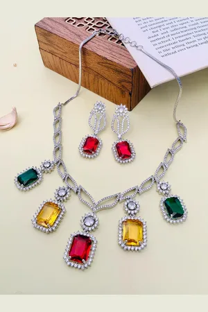 ABDESIGNS Silver Plated American Diamond Studded Necklace with Earrings