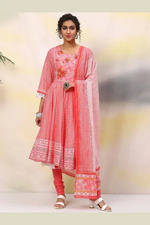 Biba Women Floral Printed Regular Thread Work Pure Cotton Kurta with Churidar & With Dupatta