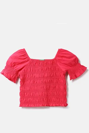 Benetton Infant Girls Square Neck Smocked Cotton Top