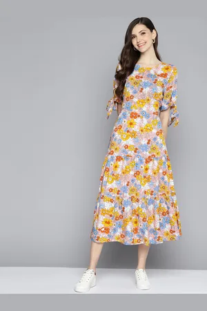 Mast & Harbour Pink & Mustard Yellow Floral Print A-Line Midi Dress