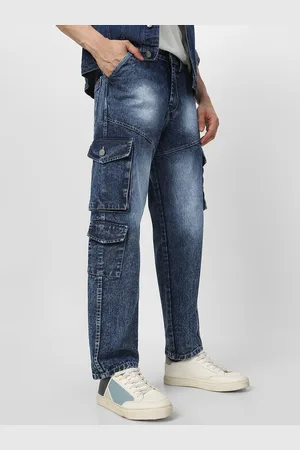 URBANO Men Blue Loose Fit Cargo Heavy Fade Jeans With 7 Pockets Non-Stretchable