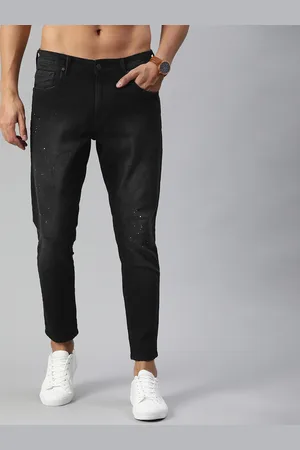 HERE&NOW Men Black Slim Tapered Mid-Rise Clean Look Cropped Jeans with Splattered Paint