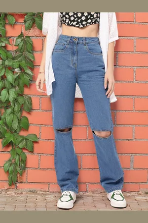 DressBerry Women Urban Utopia Pure Cotton Straight Fit Slash Knee Jeans