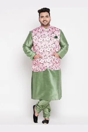 Vastramay Men Plus Size Kurta with Churidar & Floral Nehru Jacket