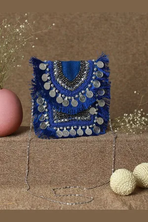 Priyaasi Blue Embellished Structured Handheld Bag with Cut Work