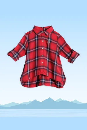 Ralph Lauren Girls Red Checked Roll-Up Sleeves Shirt Style Longline Top
