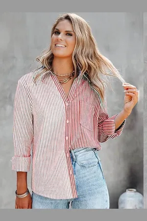 Stylecast Women Spread Collar Vertical Striped Casual Shirt