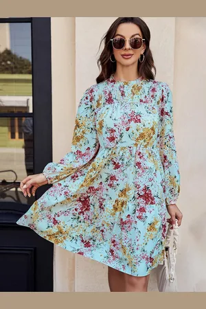 HERE&NOW Floral Print Tie-Up Neck Puff Sleeve A-Line Dress