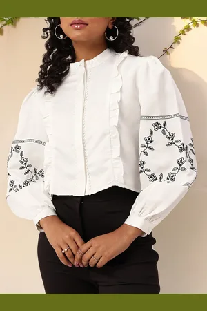 DressBerry Soft Girl Aesthetic Floral Embroidered Ruffles Boxy Fit Satin Finish Shirt