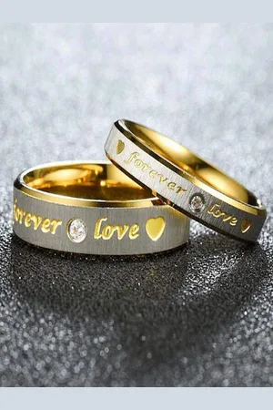 University Set of 2 Gold-Toned Stainless Steel Love You Forever Quote Couple Rings