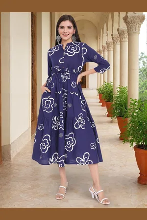 Ishin Floral Printed Cotton Tie-Ups Detail Fit & Flare Midi Dress