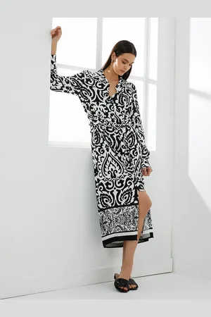 Koton Ethnic Motifs Printed Shirt Collar Shirt Dress