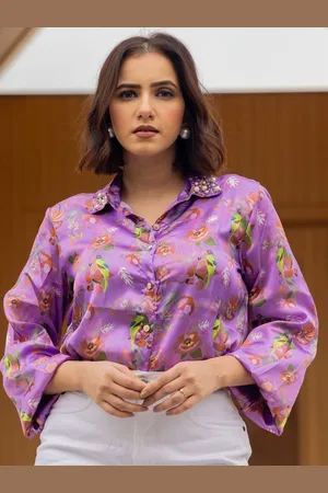 Kalini Women Spread Collar Floral Printed Satin Casual Shirt