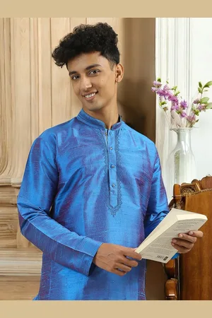 TATTVA Thread Work Mandarin Collar Dupion Silk Straight Kurta