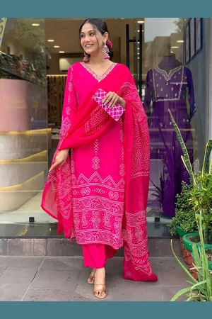 Orus Women Bandhani Printed Regular Silk Crepe Kurta with Trousers & With Dupatta