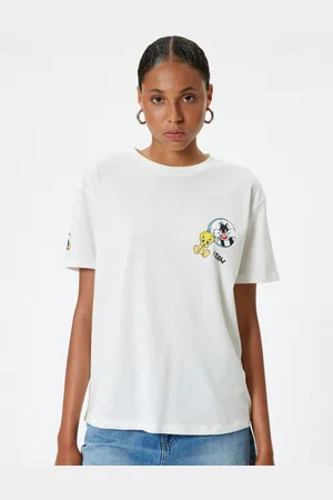 Koton Women Graphic Printed Round Neck Cotton Oversized T-Shirt