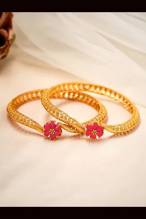 Rubans Set Of 2 24K Gold-Plated Ruby Pink Stone Floral Handcrafted Traditional Bangles